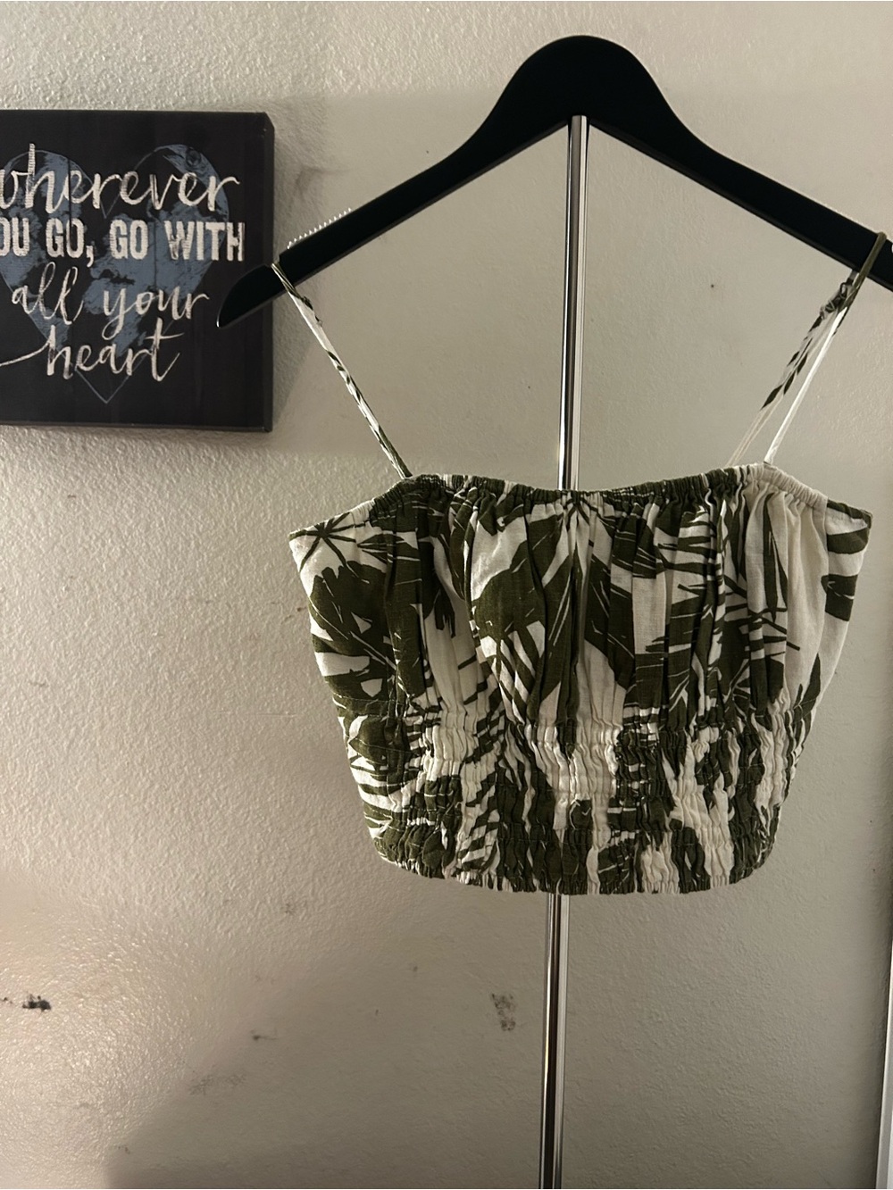 Abercrombie & Fitch Olive and White Tropical Smocked Crop Cami